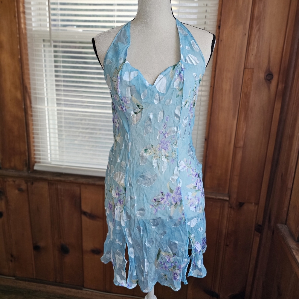 Vintage Fredericks of Hollywood lingerie halter slip blue floral silk sheer